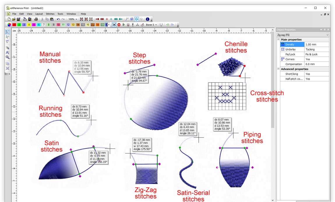Create designs (digitize) with the available stitch types, easily