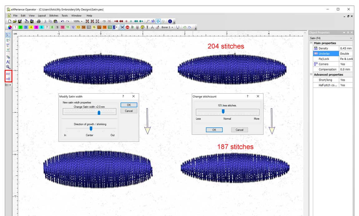 Stitch File (like .pes, .dst) editing tools - Change satin width and stitch count