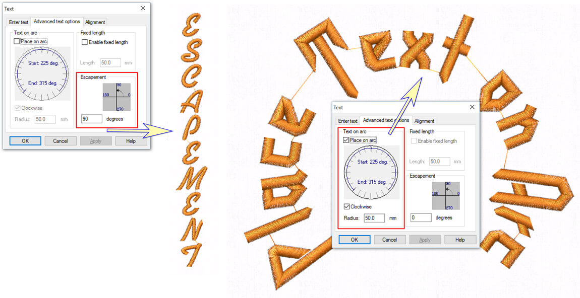 Use Escapement to type words vertically, or to rotate each letter of the word. Use the Text on Arc tool in order to place the text on an arc accurately.