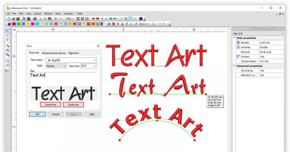 Add text with a click, by placing it on a 2 point line or on an 3 point Arc 